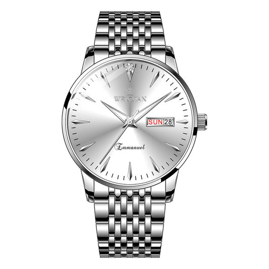 Men’s Quartz Business Watch – Stainless Steel, Waterproof, Dual Calendar, Luminous Hands